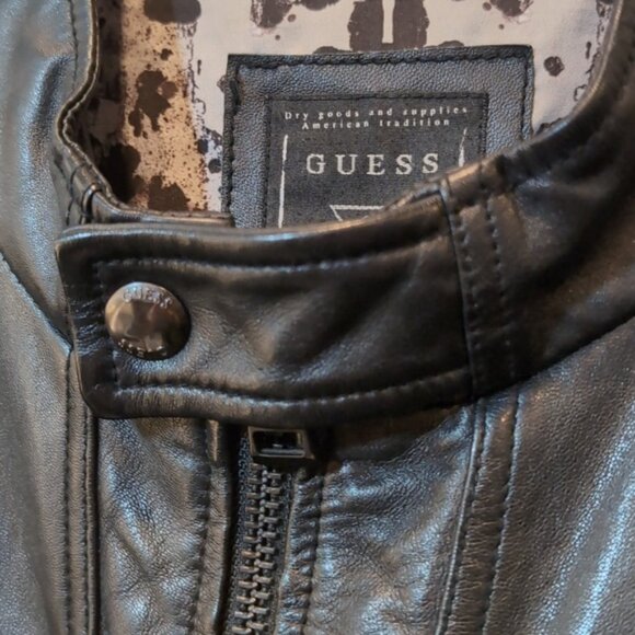 Guess Genuine Lamb Leather Moto Jacket Knit Padded Black Biker Motorcycle Coat - Picture 5 of 15
